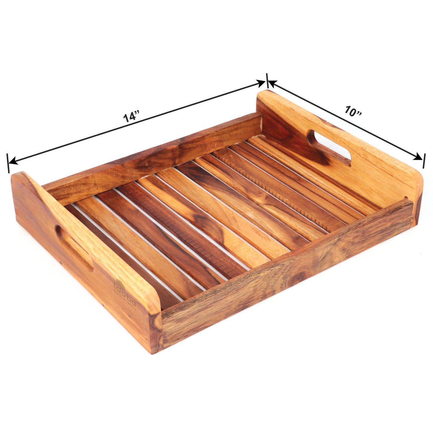 The Straight Strip Tray by Tooba Furniture Factory is a handcrafted wooden tray with a slatted bottom, featuring a white teacup and saucer with a red rim filled with tea, a green napkin, and two shortbread cookies. The serving tray has side handles and sits on a white surface, adding a touch of elegance to your kitchen decor.