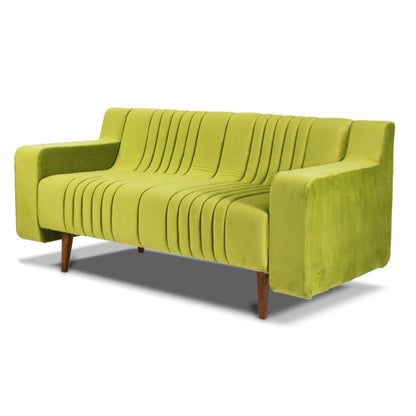 Introducing the Green Sofa by Tooba Furniture Factory—a modern three-seater in a vibrant lime green shade. This sofa features vertical seam detailing, wooden legs, wide armrests, and plush, upholstered fabric. Its sleek design effortlessly blends contemporary style with ultimate comfort.