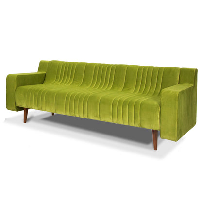 Introducing the Green Sofa by Tooba Furniture Factory—a modern three-seater in a vibrant lime green shade. This sofa features vertical seam detailing, wooden legs, wide armrests, and plush, upholstered fabric. Its sleek design effortlessly blends contemporary style with ultimate comfort.