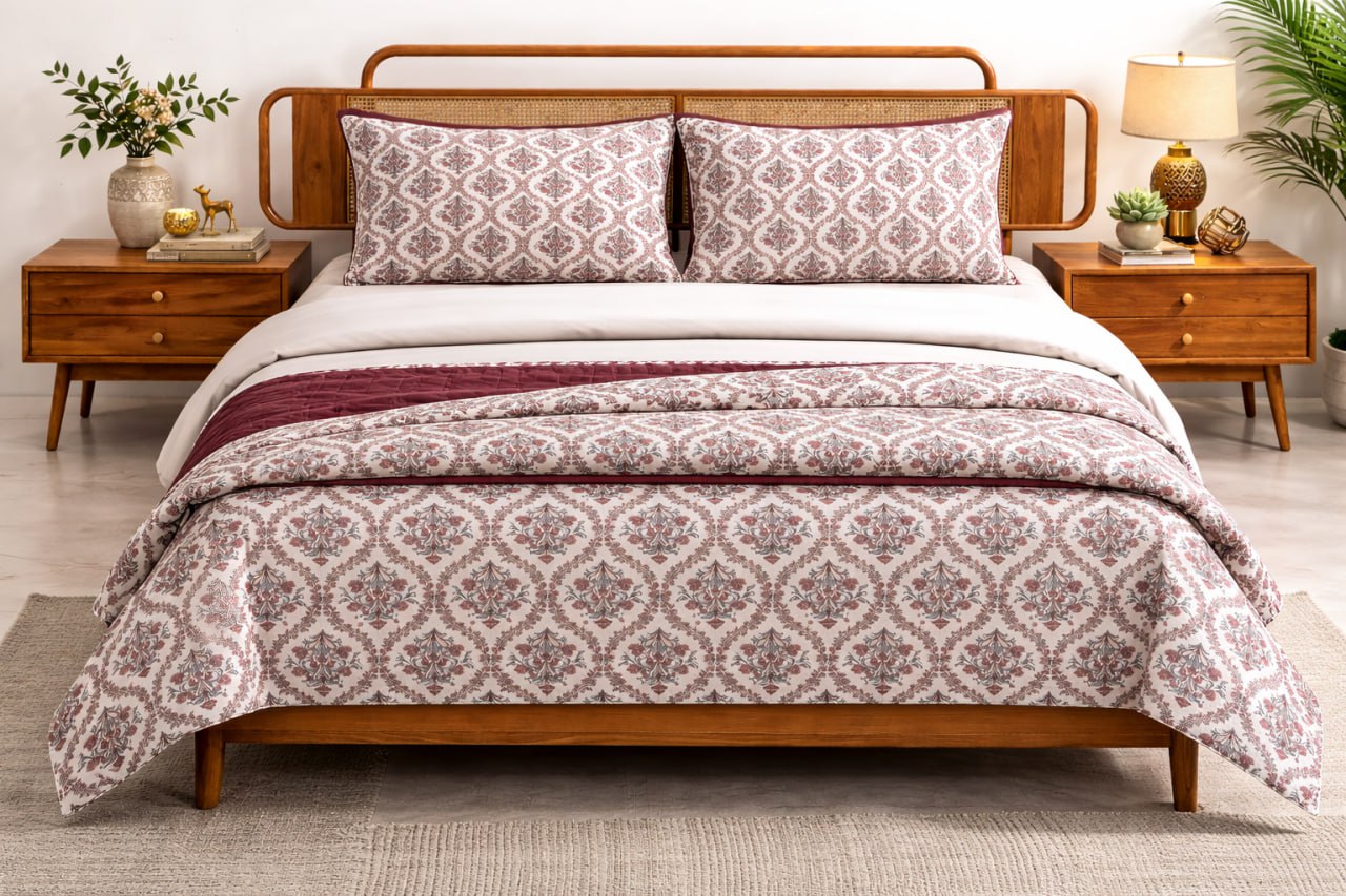 Sukoon King Size Cotton Satin Bedsheet Set with 2 Pillow Cases, Floral/Geomatric Pattern, 275x275 cm, 150 TC, Soft Breathable (Red Floral)