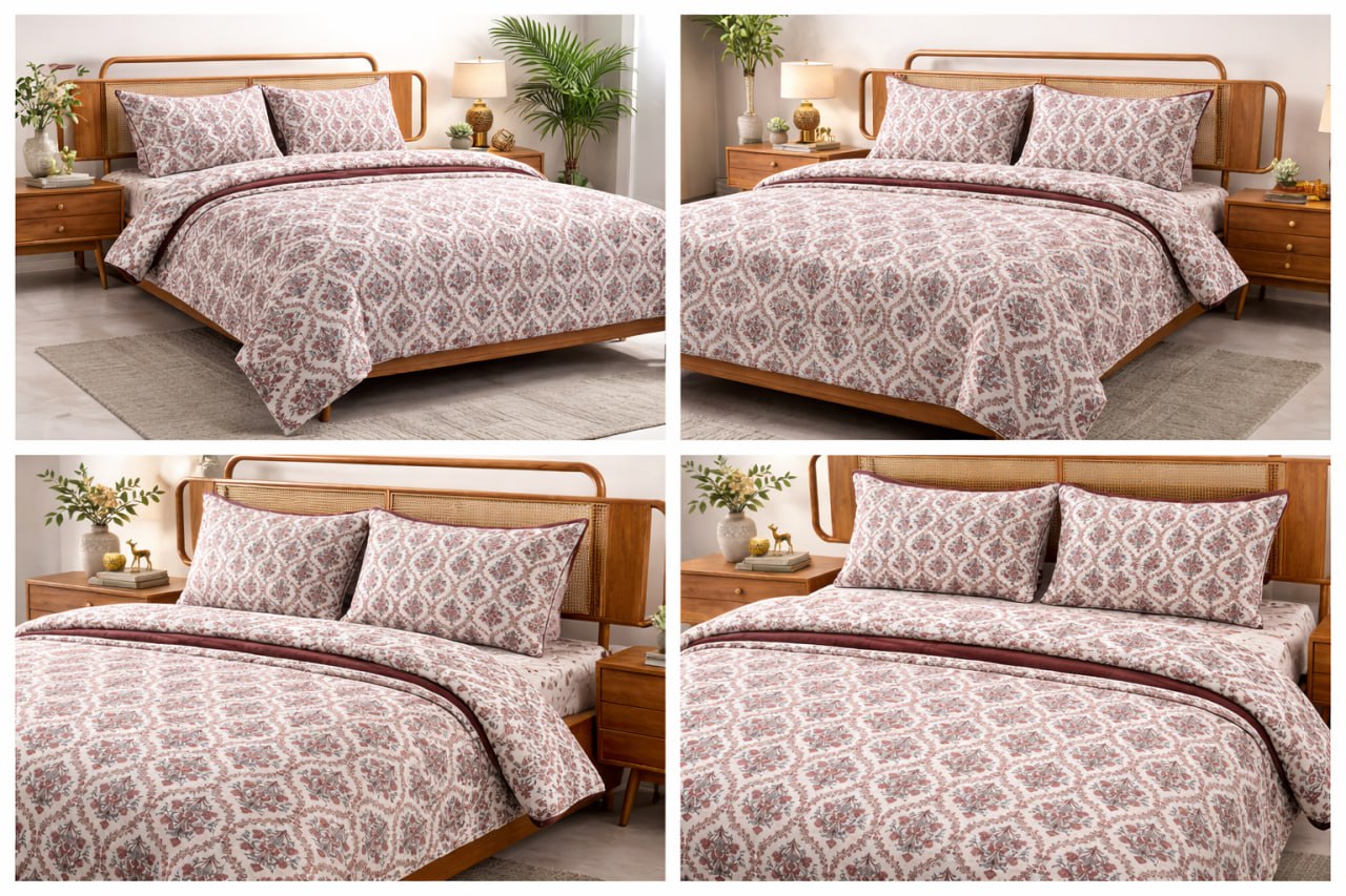 Sukoon King Size Cotton Satin Bedsheet Set with 2 Pillow Cases, Floral/Geomatric Pattern, 275x275 cm, 150 TC, Soft Breathable (Red Floral)