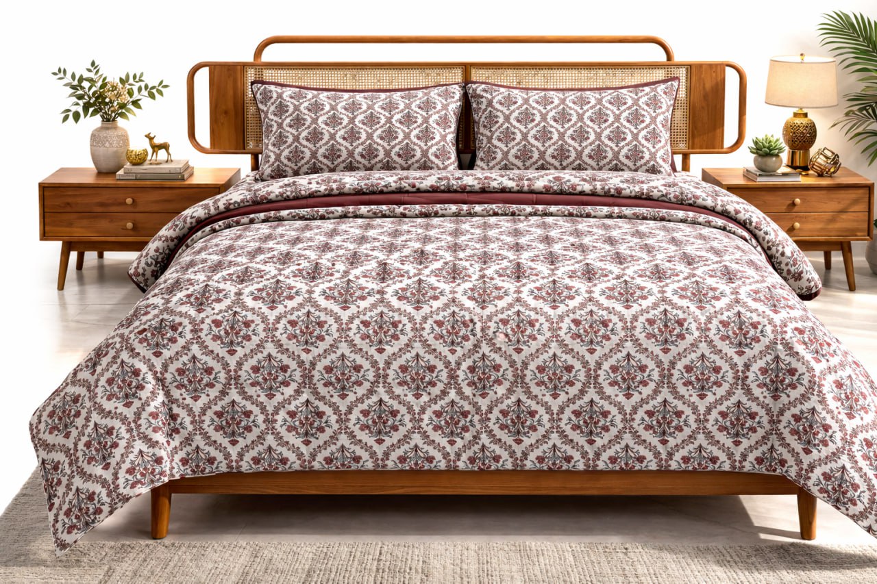 Sukoon King Size Cotton Satin Bedsheet Set with 2 Pillow Cases, Floral/Geomatric Pattern, 275x275 cm, 150 TC, Soft Breathable (Red Floral)