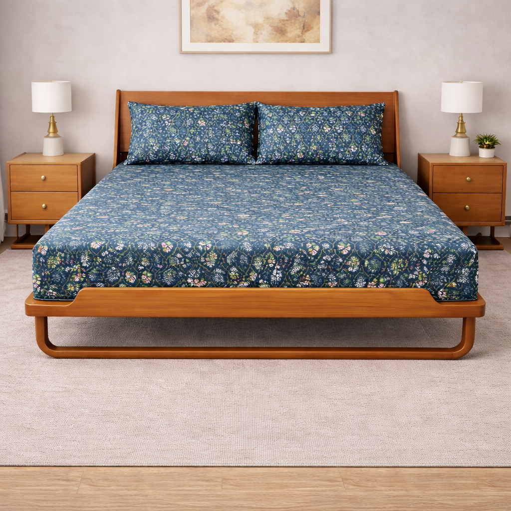 Sukoon King Size Cotton Satin Bedsheet Set with 2 Pillow Cases, Floral/Geometric Pattern, 275x275 cm, 150 TC, Soft Breathable (Blue Floral)