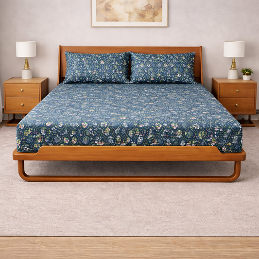 Sukoon King Size Cotton Satin Bedsheet Set with 2 Pillow Cases, Floral/Geometric Pattern, 275x275 cm, 150 TC, Soft Breathable (Blue Floral)