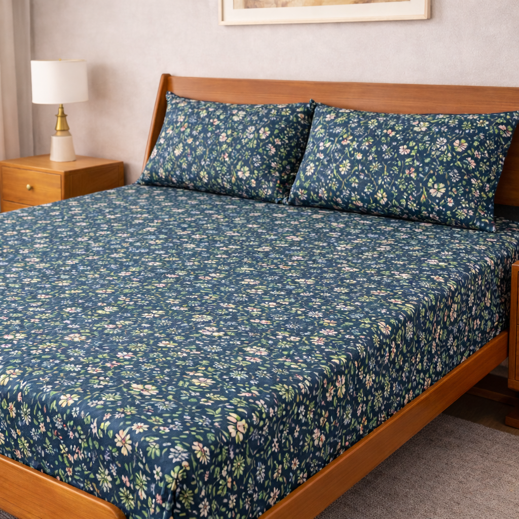 Sukoon King Size Cotton Satin Bedsheet Set with 2 Pillow Cases, Floral/Geometric Pattern, 275x275 cm, 150 TC, Soft Breathable (Blue Floral)