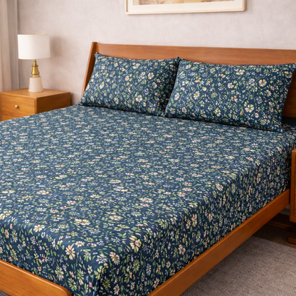 Sukoon King Size Cotton Satin Bedsheet Set with 2 Pillow Cases, Floral/Geometric Pattern, 275x275 cm, 150 TC, Soft Breathable (Blue Floral)