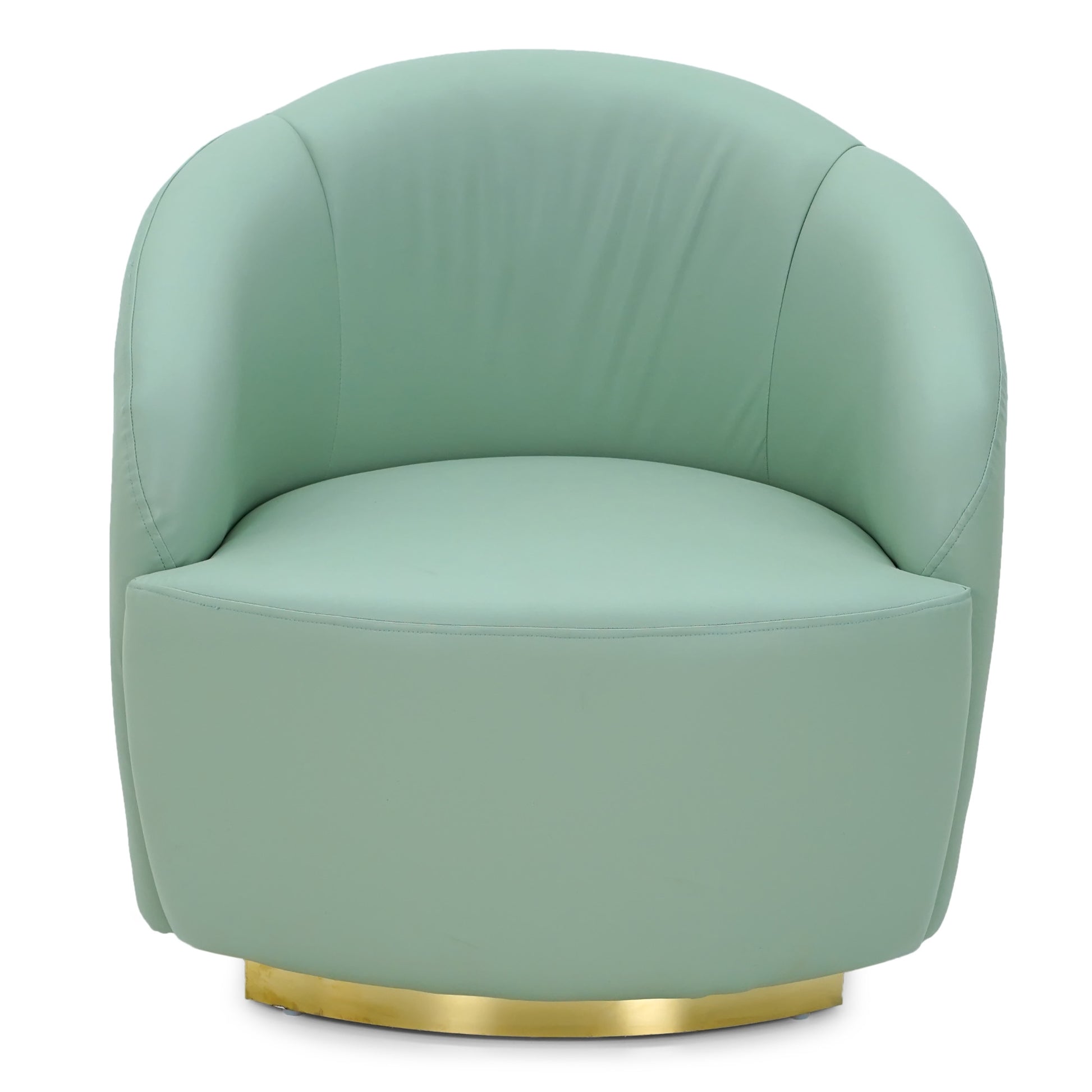 A modern Lujo sofa chair by Tooba Furniture Factory, upholstered in light green with a rounded back and seat cushion. The base is wrapped in a gold metallic band for added elegance. Its sleek, contemporary design makes it perfect for a stylish living space or office.