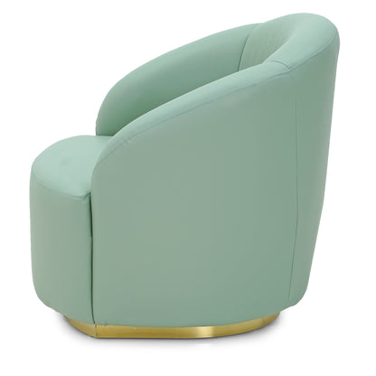 A modern Lujo sofa chair by Tooba Furniture Factory, upholstered in light green with a rounded back and seat cushion. The base is wrapped in a gold metallic band for added elegance. Its sleek, contemporary design makes it perfect for a stylish living space or office.