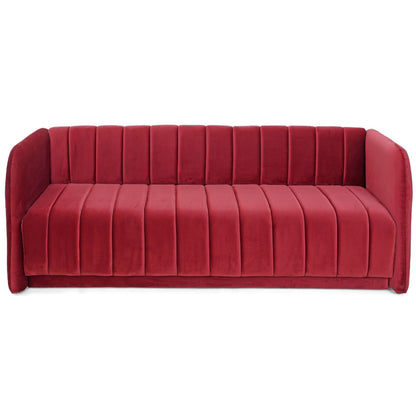 The Pixel Sofa by Tooba Furniture Factory boasts a vibrant red velvet finish with vertical tufting on both the back and seat cushions, complemented by low-profile armrests. This sleek contemporary piece exudes both comfort and elegance, making it a standout addition to any modern living space.