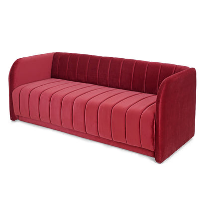 The Pixel Sofa by Tooba Furniture Factory boasts a vibrant red velvet finish with vertical tufting on both the back and seat cushions, complemented by low-profile armrests. This sleek contemporary piece exudes both comfort and elegance, making it a standout addition to any modern living space.