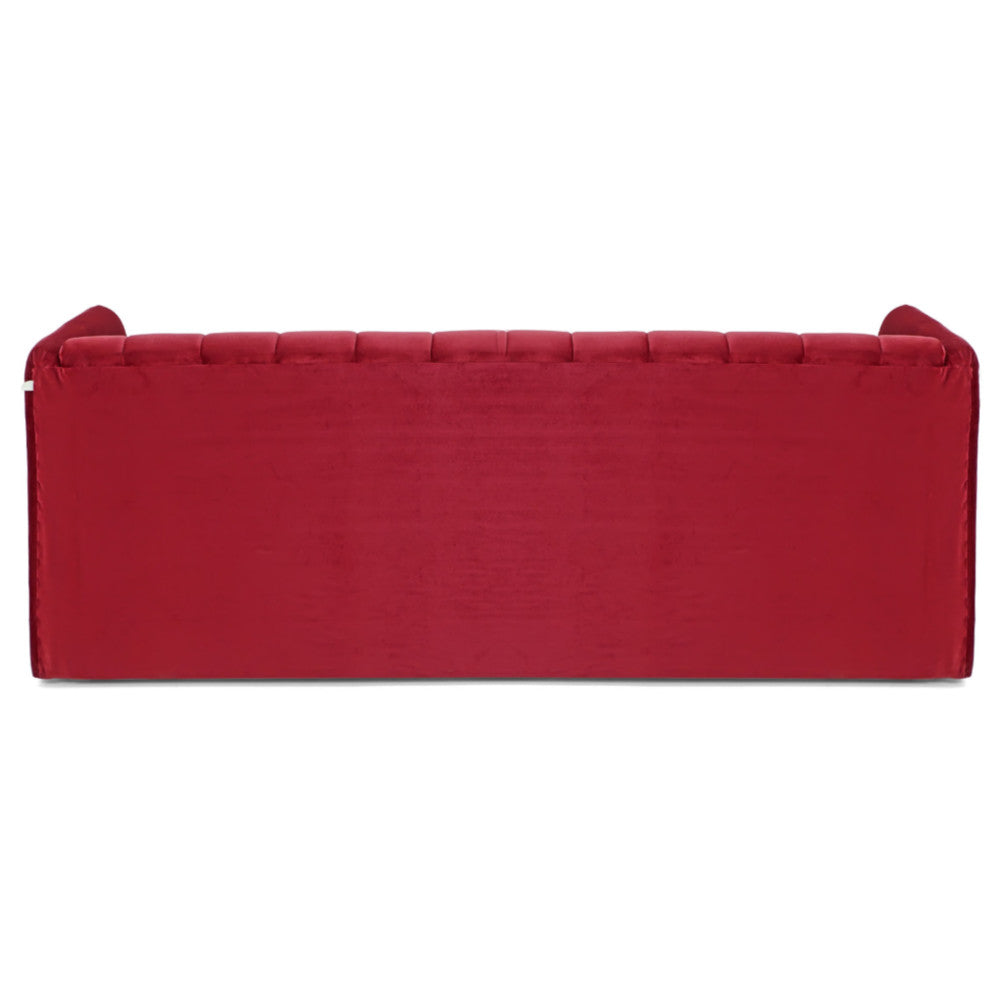 The Pixel Sofa by Tooba Furniture Factory boasts a vibrant red velvet finish with vertical tufting on both the back and seat cushions, complemented by low-profile armrests. This sleek contemporary piece exudes both comfort and elegance, making it a standout addition to any modern living space.