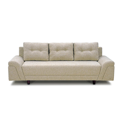 A light beige Meta Boucle sofa from Tooba Furniture Factory, featuring three back cushions, is displayed against a white background. This three-seater sofa boasts a modern design with plush upholstery and slightly angled armrests. It rests on four short, dark wooden legs.