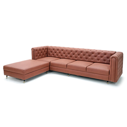 The Modern Chesterfield Sofa by Tooba Furniture Factory is a brown, tufted leather L-shaped couch with a large chaise lounge on the left side. This corner sofa features clean lines and sits on short black and gold legs, with upholstery detailed in a classic button-tufted pattern.