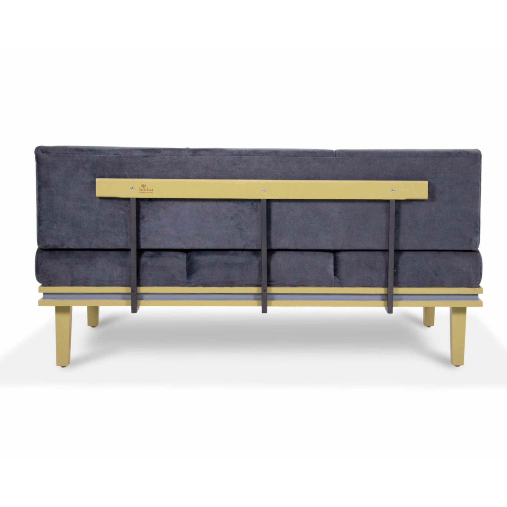 Introducing the Darman Sofa by Tooba Furniture Factory: a modern, minimalist 3-seater sofa featuring grey upholstered seat and back cushions. This sleekly designed sofa boasts a gold metal frame with four sturdy legs, offering a clean and simple aesthetic. Perfect for various residential and commercial applications.