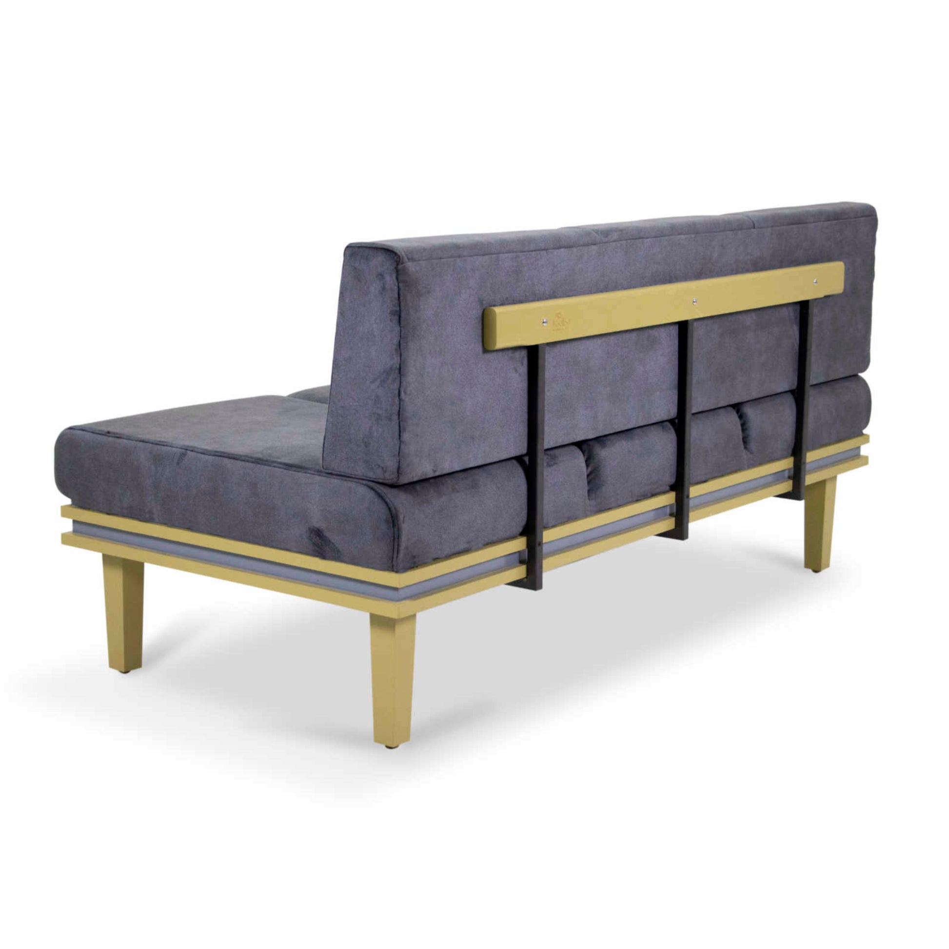 Introducing the Darman Sofa by Tooba Furniture Factory: a modern, minimalist 3-seater sofa featuring grey upholstered seat and back cushions. This sleekly designed sofa boasts a gold metal frame with four sturdy legs, offering a clean and simple aesthetic. Perfect for various residential and commercial applications.