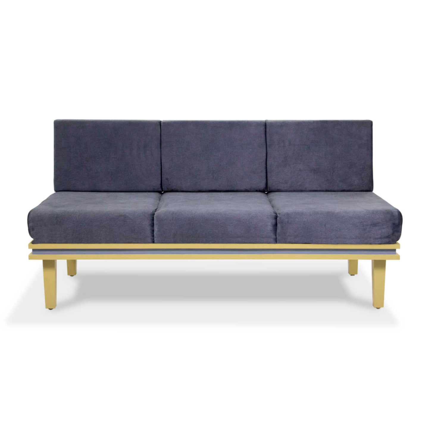 Introducing the Darman Sofa by Tooba Furniture Factory: a modern, minimalist 3-seater sofa featuring grey upholstered seat and back cushions. This sleekly designed sofa boasts a gold metal frame with four sturdy legs, offering a clean and simple aesthetic. Perfect for various residential and commercial applications.