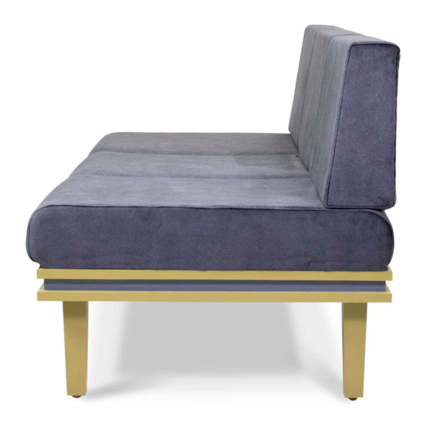 Introducing the Darman Sofa by Tooba Furniture Factory: a modern, minimalist 3-seater sofa featuring grey upholstered seat and back cushions. This sleekly designed sofa boasts a gold metal frame with four sturdy legs, offering a clean and simple aesthetic. Perfect for various residential and commercial applications.