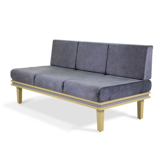 Introducing the Darman Sofa by Tooba Furniture Factory: a modern, minimalist 3-seater sofa featuring grey upholstered seat and back cushions. This sleekly designed sofa boasts a gold metal frame with four sturdy legs, offering a clean and simple aesthetic. Perfect for various residential and commercial applications.