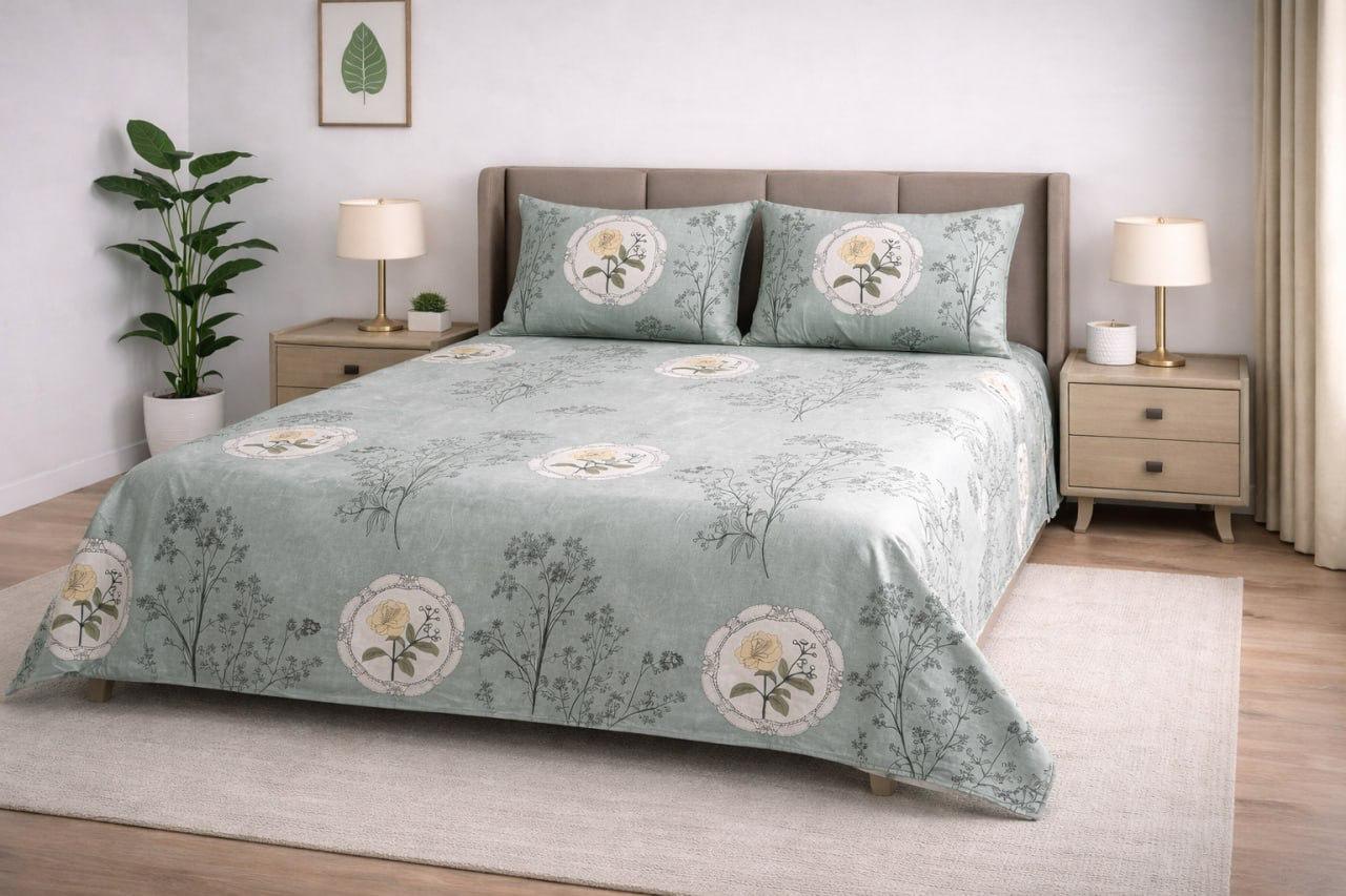 Sukoon King Size Cotton Satin Bedsheet Set with 2 Pillow Cases, Floral/Geometric Pattern, 275x275 cm, 150 TC, Soft Breathable (Pista Green)