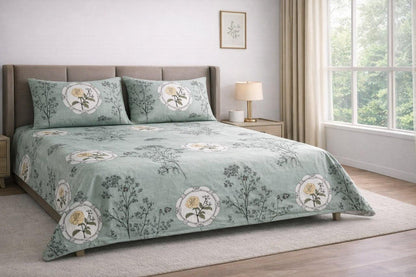 Sukoon King Size Cotton Satin Bedsheet Set with 2 Pillow Cases, Floral/Geometric Pattern, 275x275 cm, 150 TC, Soft Breathable (Pista Green)