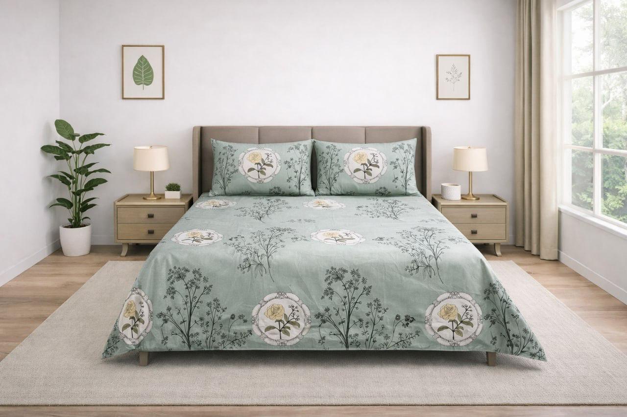 Sukoon King Size Cotton Satin Bedsheet Set with 2 Pillow Cases, Floral/Geometric Pattern, 275x275 cm, 150 TC, Soft Breathable (Pista Green)