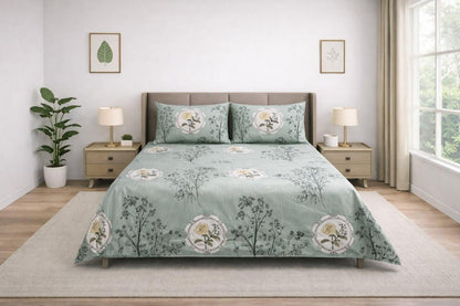 Sukoon King Size Cotton Satin Bedsheet Set with 2 Pillow Cases, Floral/Geometric Pattern, 275x275 cm, 150 TC, Soft Breathable (Pista Green)