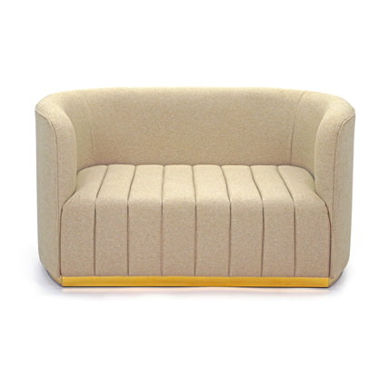 The Relax Arm Sofa-2S from Tooba Furniture Factory is a modern light beige loveseat featuring a curved backrest and vertical tufting on the seat. This 2-seater arm sofa boasts a sleek, smooth design with a stylish yellow base trim, perfect for those seeking to relax in style. The piece is showcased against a white background.