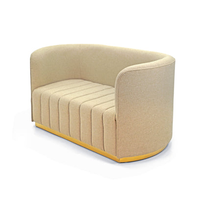 The Relax Arm Sofa-2S from Tooba Furniture Factory is a modern light beige loveseat featuring a curved backrest and vertical tufting on the seat. This 2-seater arm sofa boasts a sleek, smooth design with a stylish yellow base trim, perfect for those seeking to relax in style. The piece is showcased against a white background.