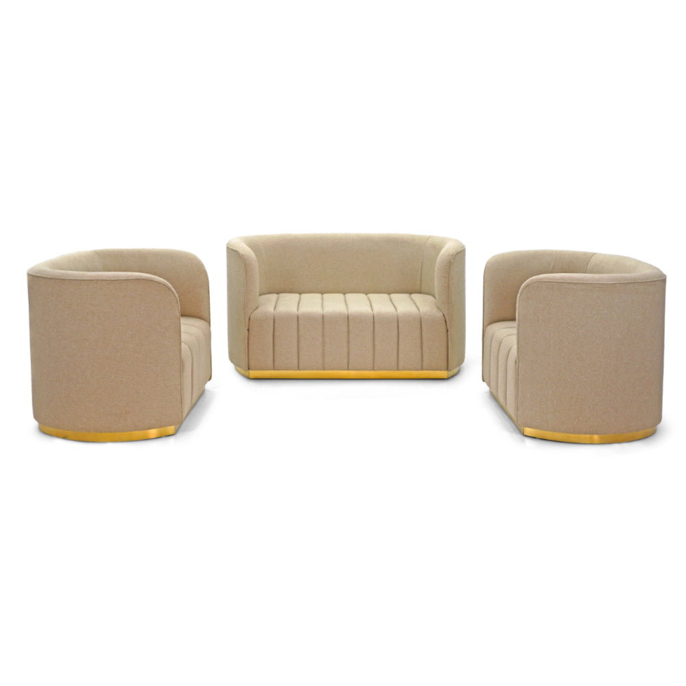 The Relax Arm Sofa-2S from Tooba Furniture Factory is a modern light beige loveseat featuring a curved backrest and vertical tufting on the seat. This 2-seater arm sofa boasts a sleek, smooth design with a stylish yellow base trim, perfect for those seeking to relax in style. The piece is showcased against a white background.