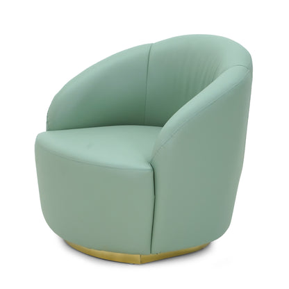 A modern Lujo sofa chair by Tooba Furniture Factory, upholstered in light green with a rounded back and seat cushion. The base is wrapped in a gold metallic band for added elegance. Its sleek, contemporary design makes it perfect for a stylish living space or office.