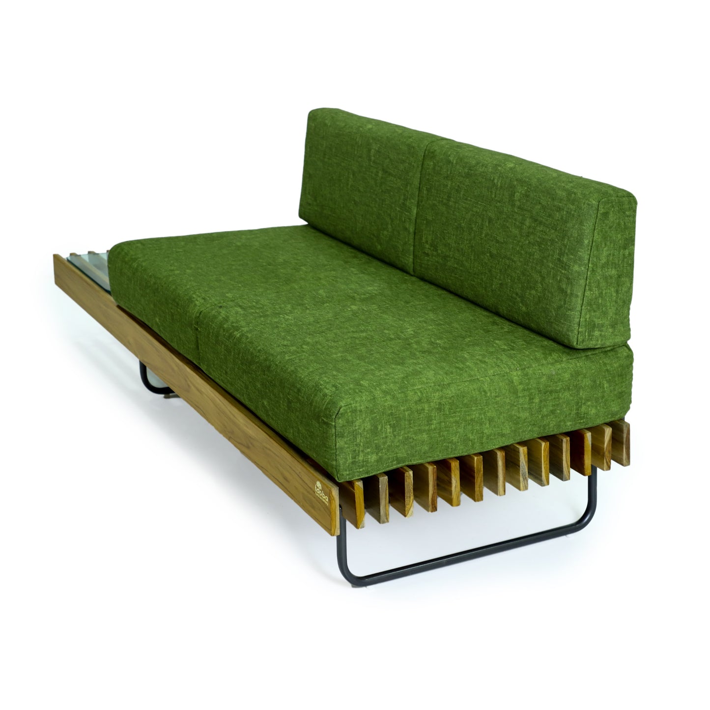 The Strip Sofa by Tooba Furniture Factory is a modern piece featuring a minimalist design. It boasts a green base and sleek black metal legs, enhanced by two green cushions for the seat and backrest. The natural wood slatted underframe adds a chic, contemporary touch.