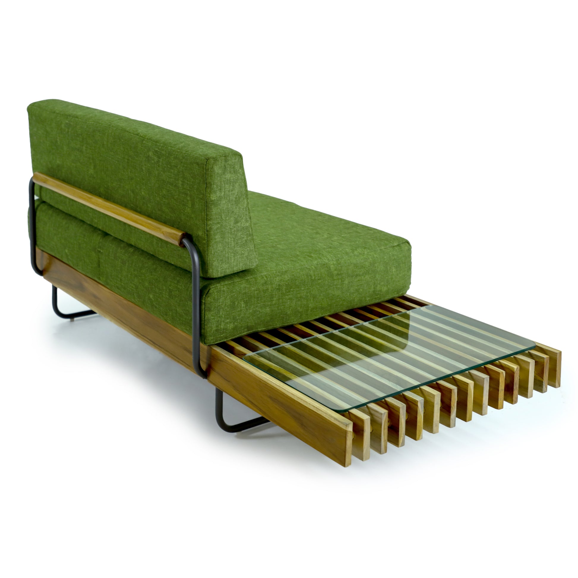 The Strip Sofa by Tooba Furniture Factory is a modern piece featuring a minimalist design. It boasts a green base and sleek black metal legs, enhanced by two green cushions for the seat and backrest. The natural wood slatted underframe adds a chic, contemporary touch.