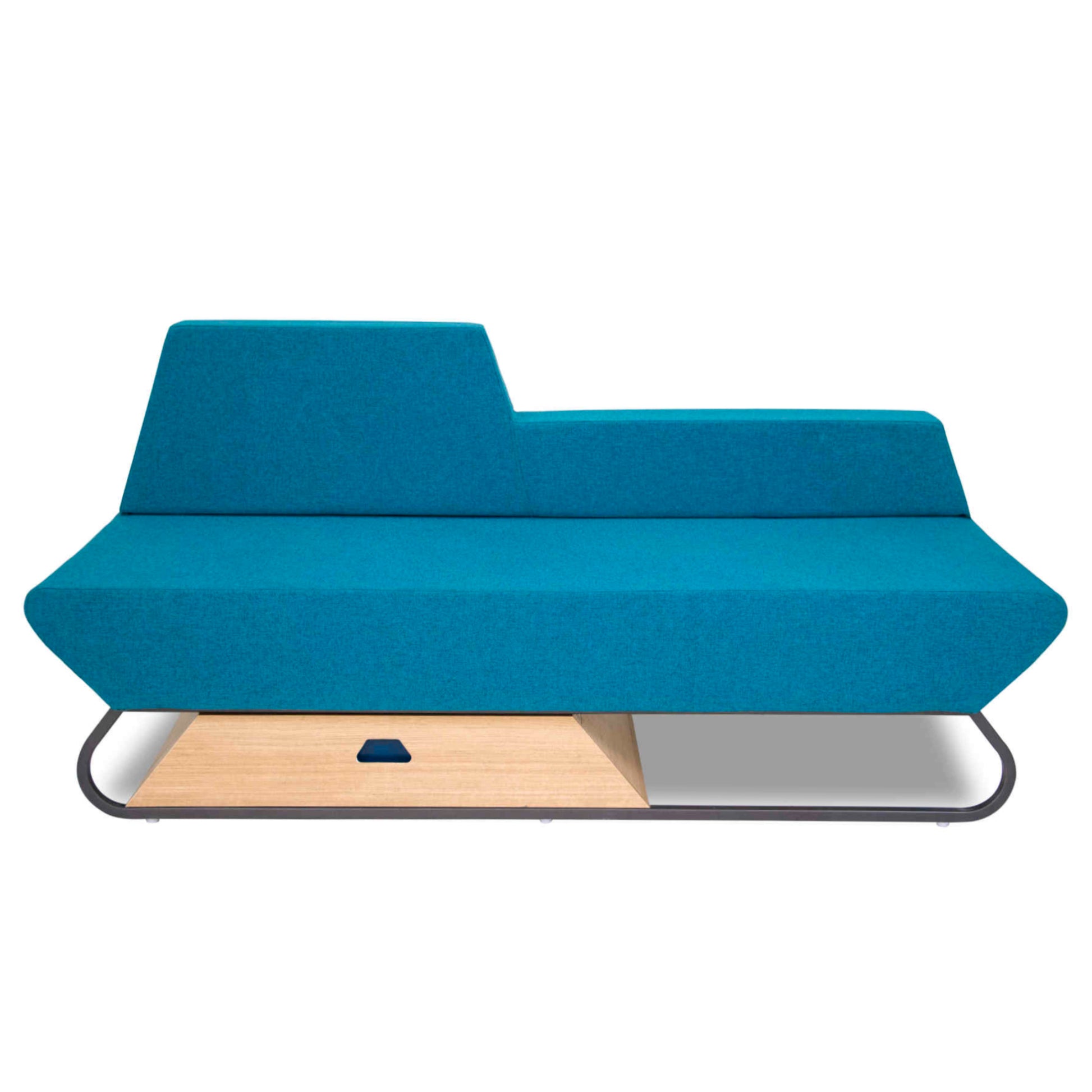 The Trapezoidal Sofa by Tooba Furniture Factory is a modern blue piece with angular backrests, sleek metal legs, and a wooden storage drawer underneath, set against a plain white background.