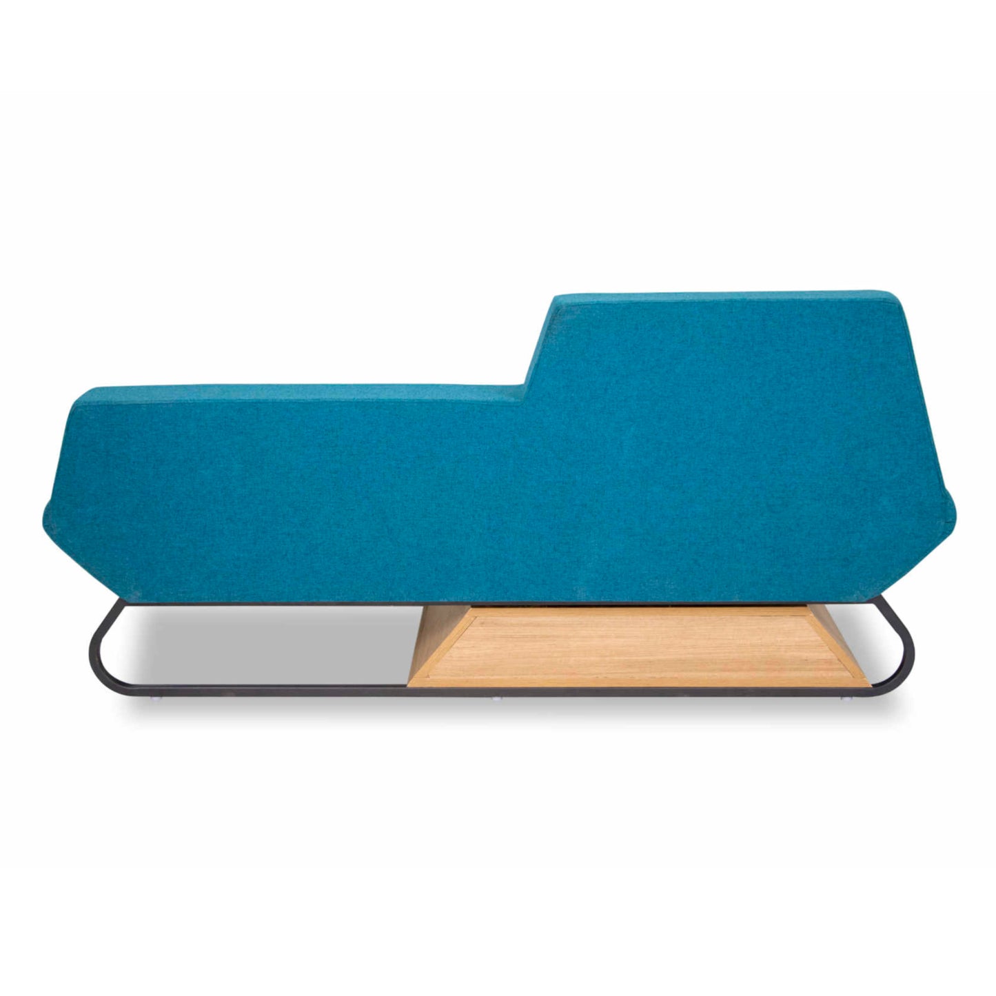 The Trapezoidal Sofa by Tooba Furniture Factory is a modern blue piece with angular backrests, sleek metal legs, and a wooden storage drawer underneath, set against a plain white background.