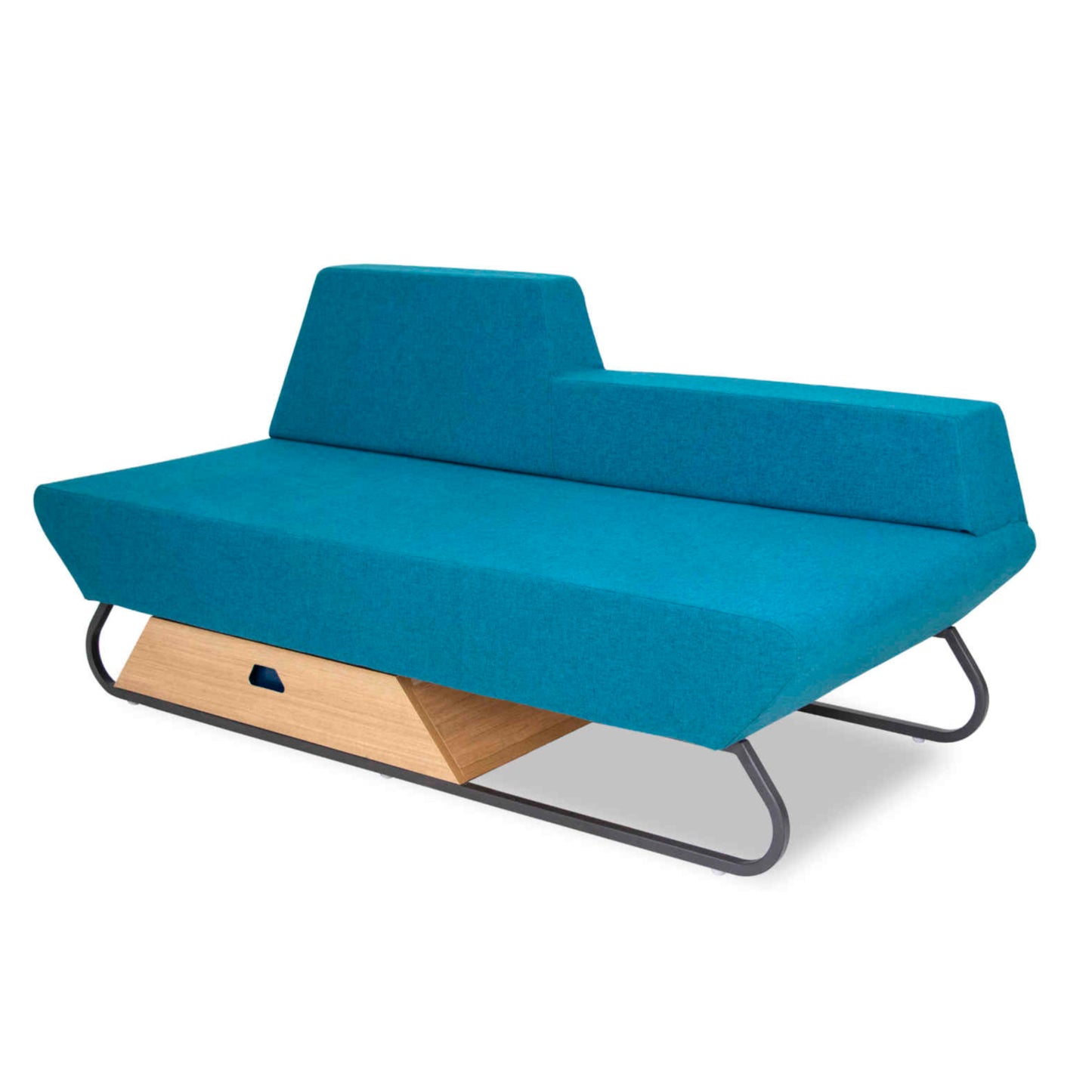 The Trapezoidal Sofa by Tooba Furniture Factory is a modern blue piece with angular backrests, sleek metal legs, and a wooden storage drawer underneath, set against a plain white background.