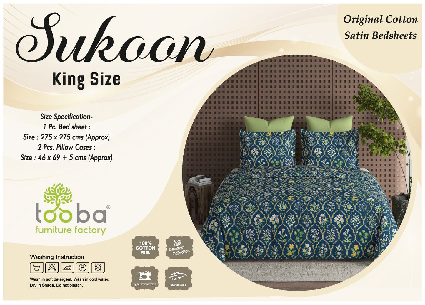 Sukoon King Size Cotton Satin Bedsheet Set with 2 Pillow Cases, Floral/Geometric Pattern, 275x275 cm, 150 TC, Soft Breathable (Blue Floral)