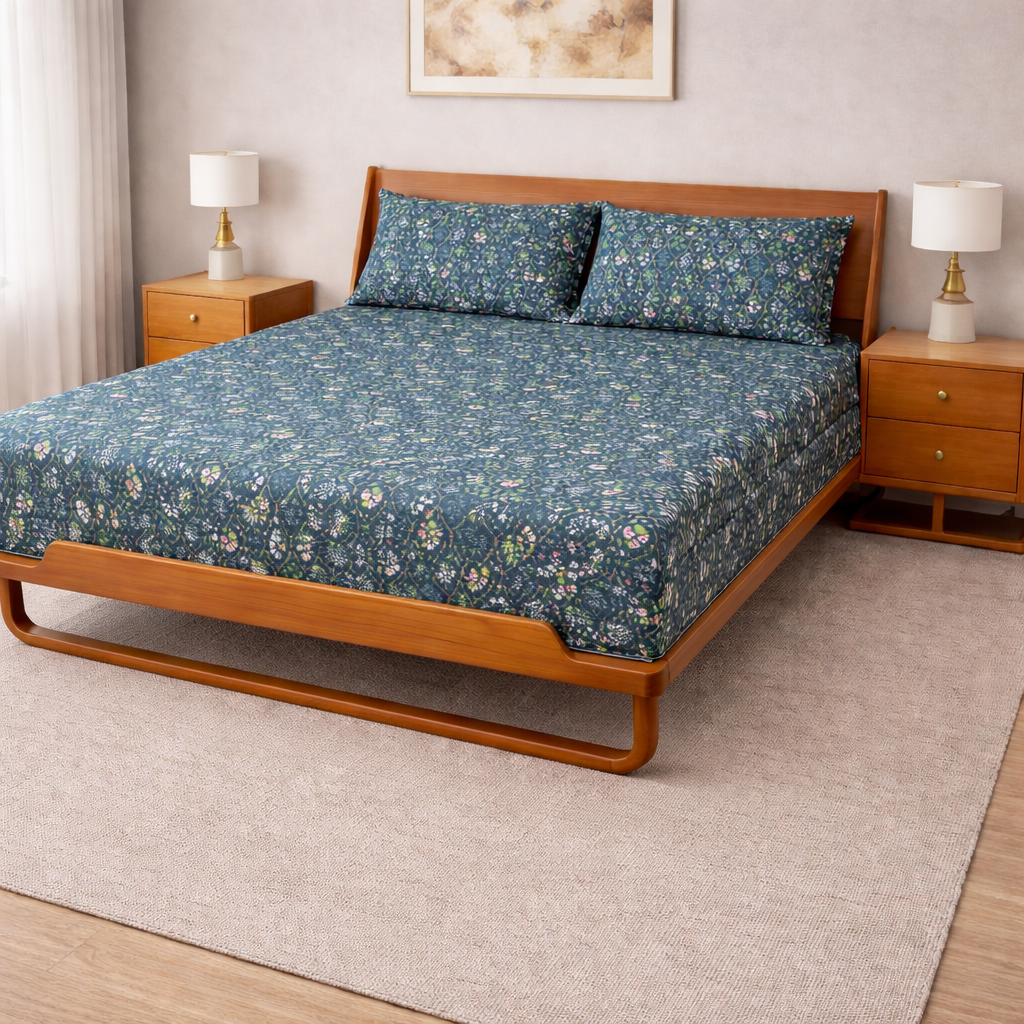 Sukoon King Size Cotton Satin Bedsheet Set with 2 Pillow Cases, Floral/Geometric Pattern, 275x275 cm, 150 TC, Soft Breathable (Blue Floral)