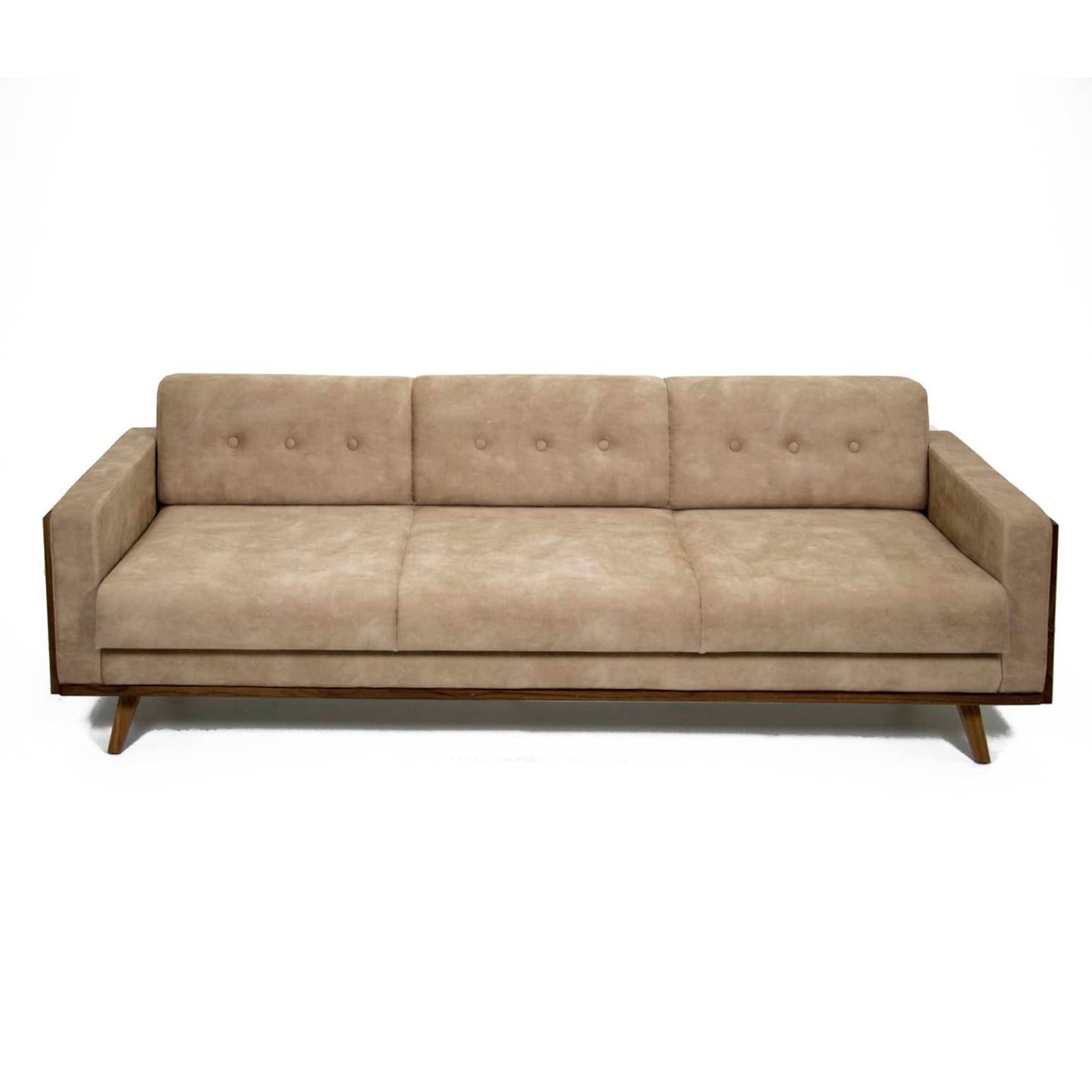 The Veneer Edge Sofa by Tooba Furniture Factory is a modern beige sofa that boasts a minimalist design with wooden side panels and legs. The tufted backrest, adorned with buttons, provides a subtle decorative touch. Positioned at an angle to showcase its full form, the sofa highlights its clean lines and contemporary look.