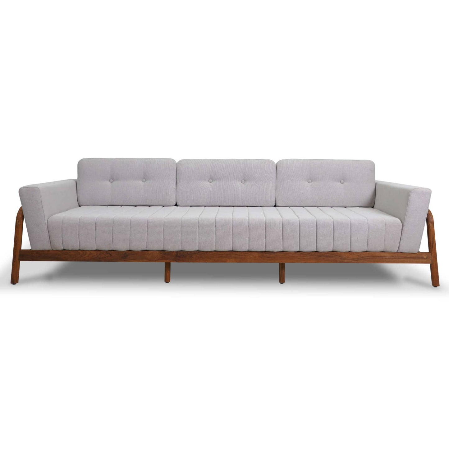 The Round Edge Sofa by Tooba Furniture Factory is a modern piece featuring light gray upholstery and a wooden frame. It includes three back cushions and showcases a minimalist design with wooden slats on the sides and back, making it perfect for contemporary living spaces.