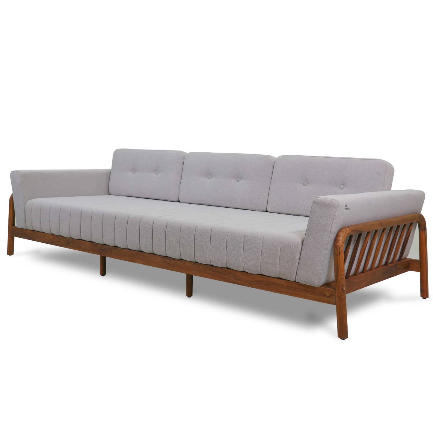 The Round Edge Sofa by Tooba Furniture Factory is a modern piece featuring light gray upholstery and a wooden frame. It includes three back cushions and showcases a minimalist design with wooden slats on the sides and back, making it perfect for contemporary living spaces.