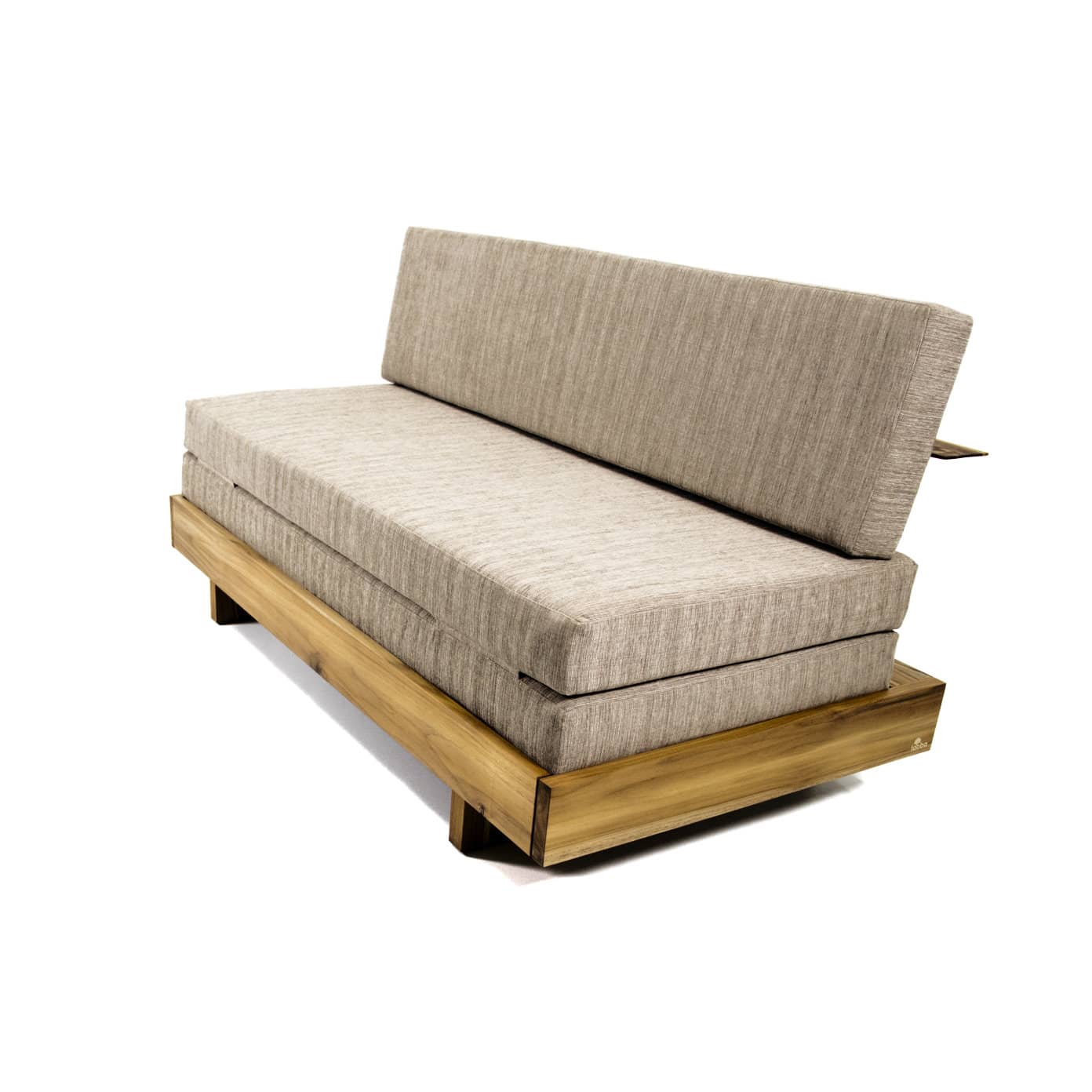 Introducing the Sofa Cum Bed Sliding-Teak Wood by Tooba Furniture Factory, a modern and understated beige sofa. This minimalist design boasts a teak wood base with raised legs and features a cushioned backrest and seating area upholstered in high-quality, light-textured fabric. It seamlessly doubles as both a comfortable sofa and a practical bed.