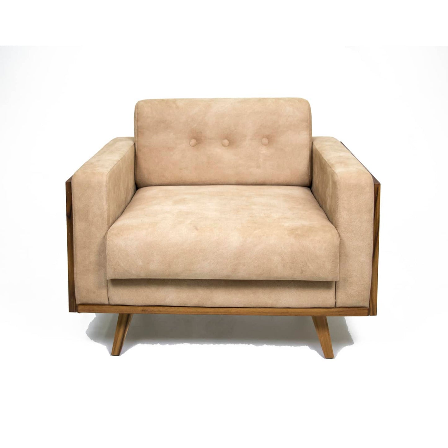 The Veneer Edge Sofa by Tooba Furniture Factory is a modern beige sofa that boasts a minimalist design with wooden side panels and legs. The tufted backrest, adorned with buttons, provides a subtle decorative touch. Positioned at an angle to showcase its full form, the sofa highlights its clean lines and contemporary look.