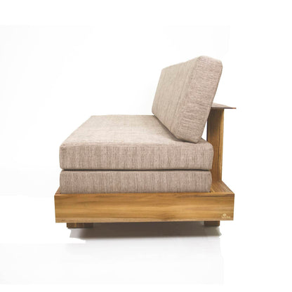 Introducing the Sofa Cum Bed Sliding-Teak Wood by Tooba Furniture Factory, a modern and understated beige sofa. This minimalist design boasts a teak wood base with raised legs and features a cushioned backrest and seating area upholstered in high-quality, light-textured fabric. It seamlessly doubles as both a comfortable sofa and a practical bed.