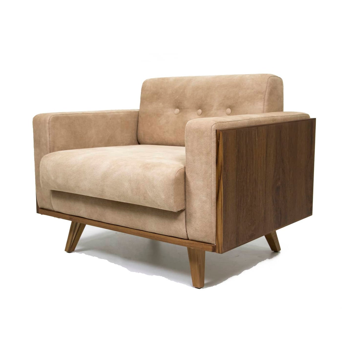 The Veneer Edge Sofa by Tooba Furniture Factory is a modern beige sofa that boasts a minimalist design with wooden side panels and legs. The tufted backrest, adorned with buttons, provides a subtle decorative touch. Positioned at an angle to showcase its full form, the sofa highlights its clean lines and contemporary look.