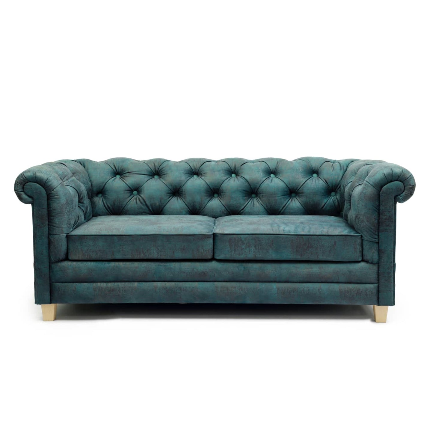 A teal, tufted velvet Chesterfield Sofa by Tooba Furniture Factory with rolled arms and back, featuring two seat cushions and standing on short wooden legs. The fabric appears plush and luxurious, with deep button detailing on the back and arms—truly a statement sofa exuding medieval elegance.