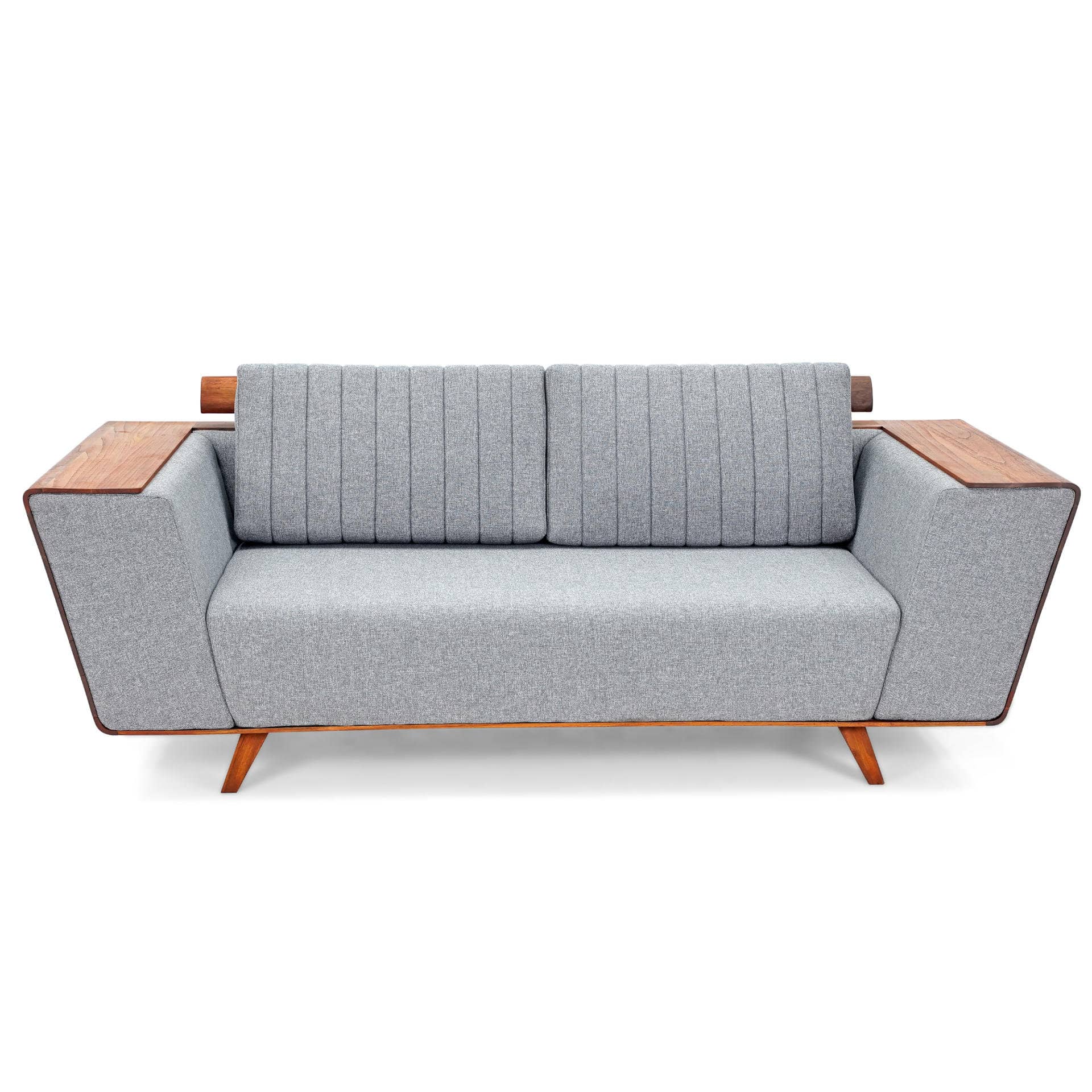 Introducing the Wooden Wing Sofa by Tooba Furniture Factory, a sleek and modern piece featuring light gray cushioning and distinctive wooden side panels. The vertically tufted backrest provides a touch of elegance, while the sofa is supported by angled wooden legs. The wide, flat armrests are crafted from the same wood as the side panels, seamlessly combining style and comfort.