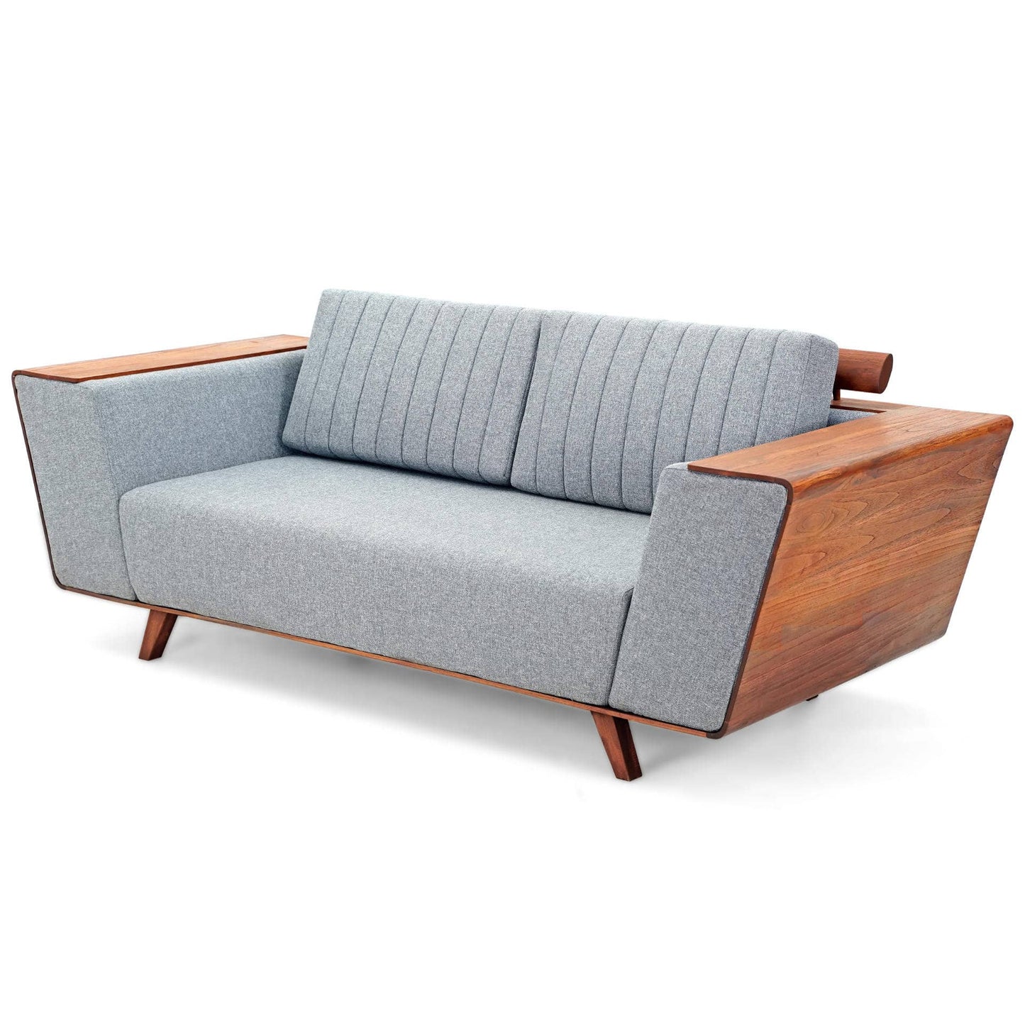 Introducing the Wooden Wing Sofa by Tooba Furniture Factory, a sleek and modern piece featuring light gray cushioning and distinctive wooden side panels. The vertically tufted backrest provides a touch of elegance, while the sofa is supported by angled wooden legs. The wide, flat armrests are crafted from the same wood as the side panels, seamlessly combining style and comfort.