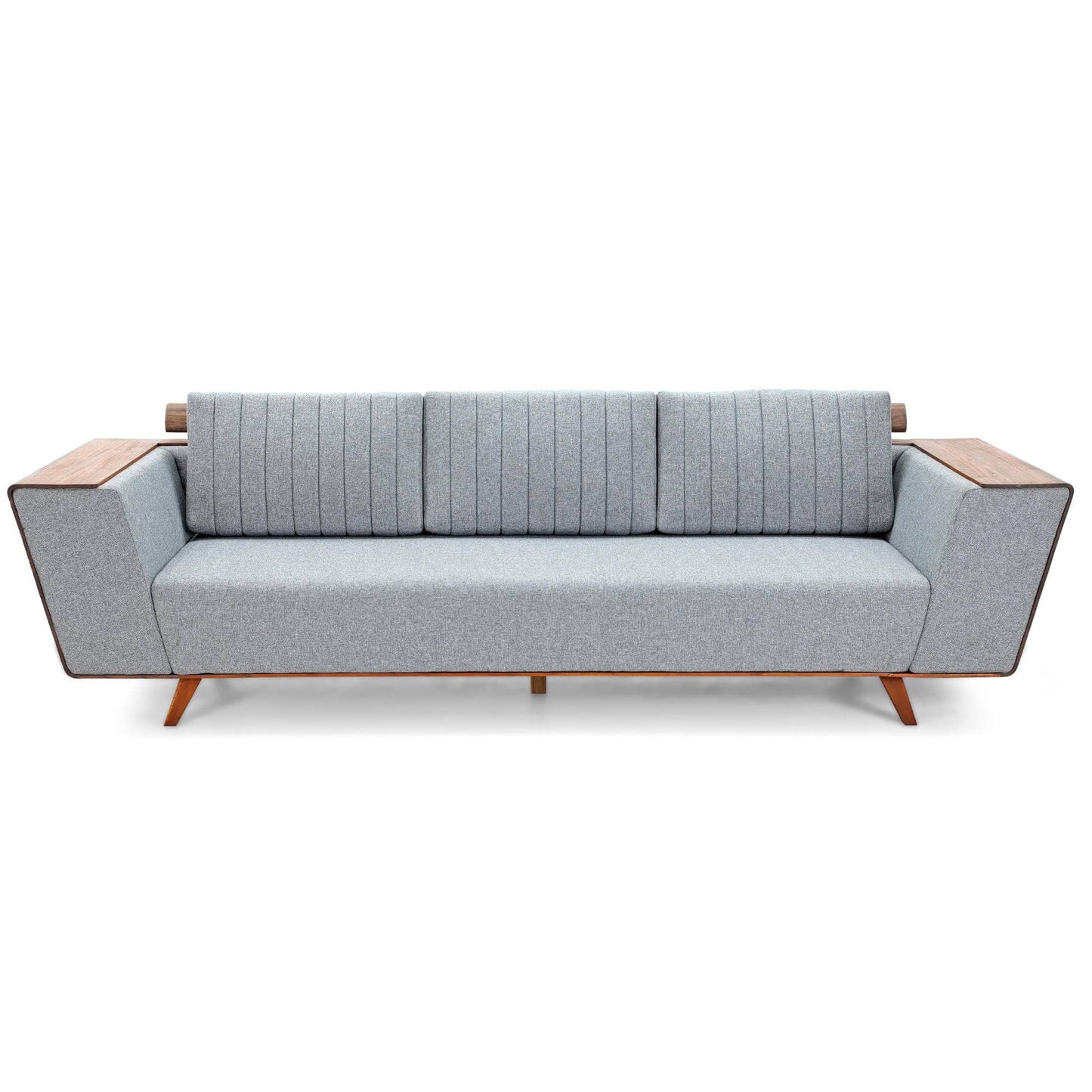 Introducing the Wooden Wing Sofa by Tooba Furniture Factory, a sleek and modern piece featuring light gray cushioning and distinctive wooden side panels. The vertically tufted backrest provides a touch of elegance, while the sofa is supported by angled wooden legs. The wide, flat armrests are crafted from the same wood as the side panels, seamlessly combining style and comfort.