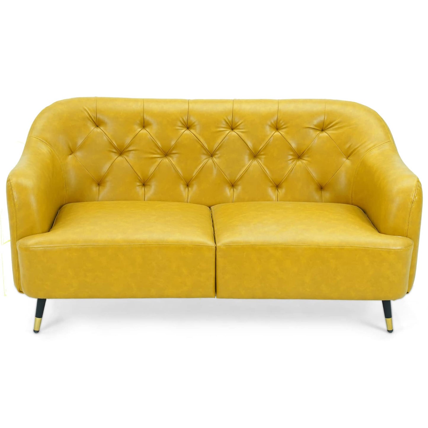 Introducing the Neo-Classical Sofa by Tooba Furniture Factory, a stylish yellow sofa featuring a tufted backrest, curved armrests, and sleek black legs. This modern piece boasts smooth upholstery and is designed to comfortably seat two people, making it ideal for contemporary interiors.