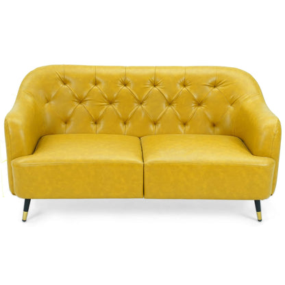 Introducing the Neo-Classical Sofa by Tooba Furniture Factory, a stylish yellow sofa featuring a tufted backrest, curved armrests, and sleek black legs. This modern piece boasts smooth upholstery and is designed to comfortably seat two people, making it ideal for contemporary interiors.